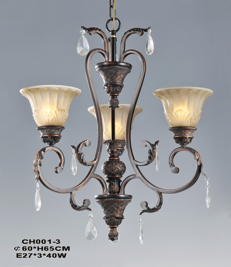 Traditional 3-Light Copper Chandeliers with Transparent Pendants