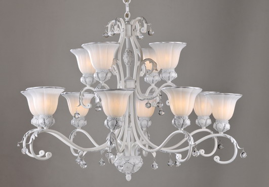 12-Light White with Silver Metal Chandeliers with Crystal Pendants