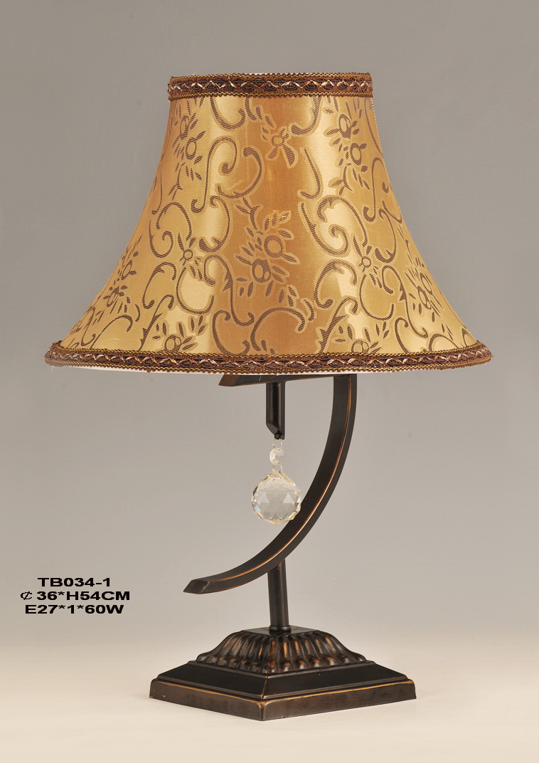 Amber Floral Printed Cloth Art Bronze Metal Antique Table Lamps with Crystal Pendant