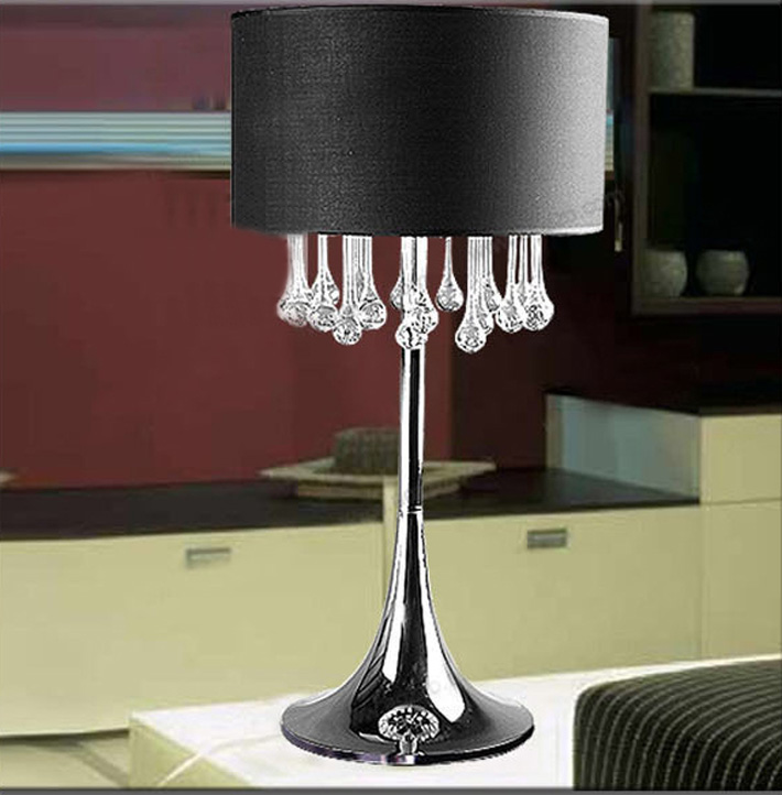 Black Cloth Art Chrome Table Lamps with Cyan Crystal Pendant